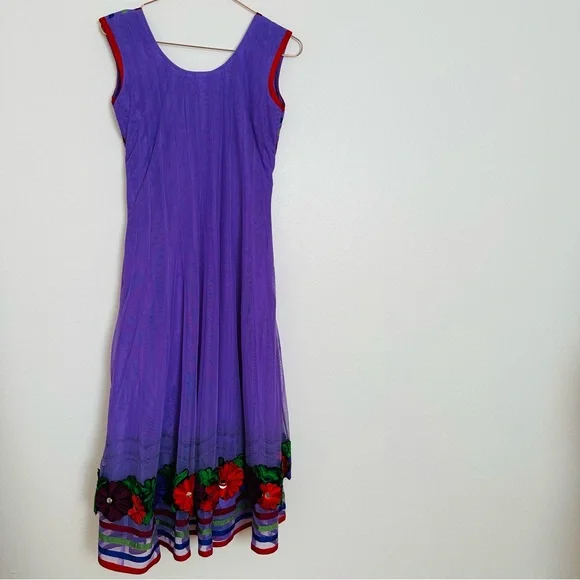 Vintage Phool Dress Indian Vibrant Purple Floral Embroidered Midi - Picture 10 of 10